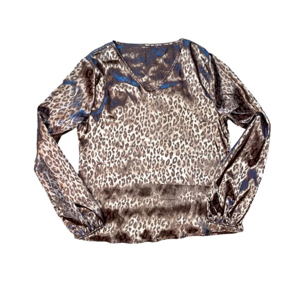 SHEIN Leopard Print Long Sleeve Satin Effect Shirt Pink Elastic Cuffs Size Small